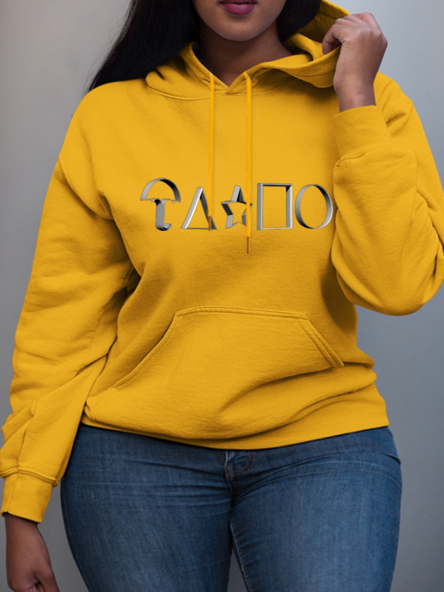 

LW Plus Size Pocket Design Game Invite Stickers Hoodie, Yellow