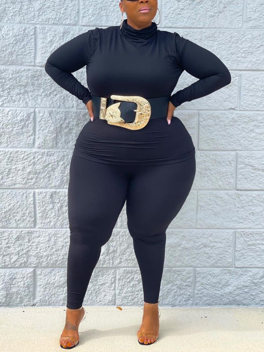 

LW BASICS Plus Size Turtleneck Ruched Pants Set (Whithout Belt), Black