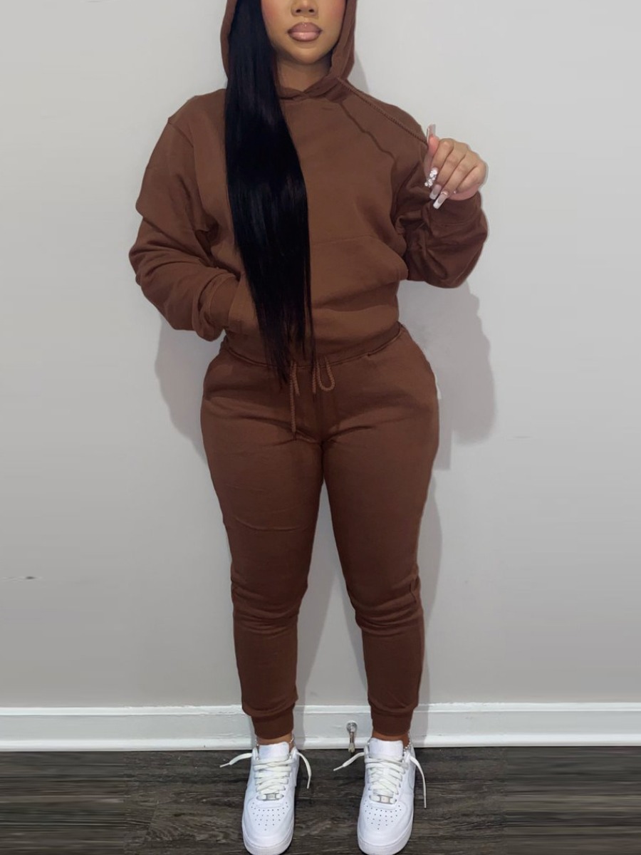 LW BASICS Kangaroo Pocket Drawstring Tracksuit Set