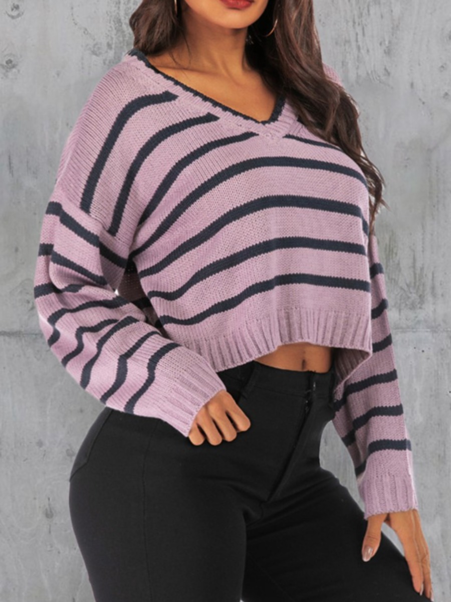 

LW Rib-Knit Striped Loose Sweater, Purple