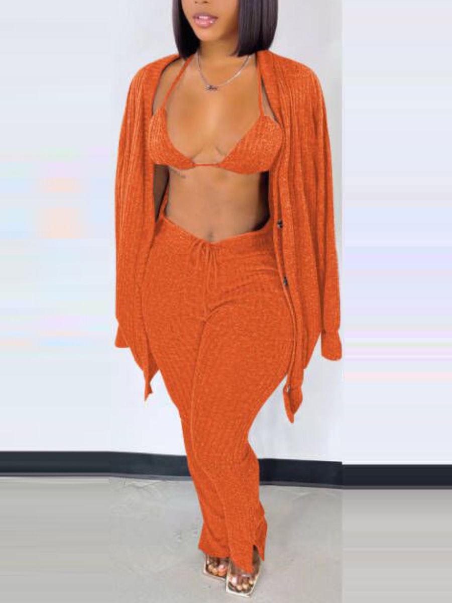 

LW Button Design Drawstring Three Piece Pants Set, Orange