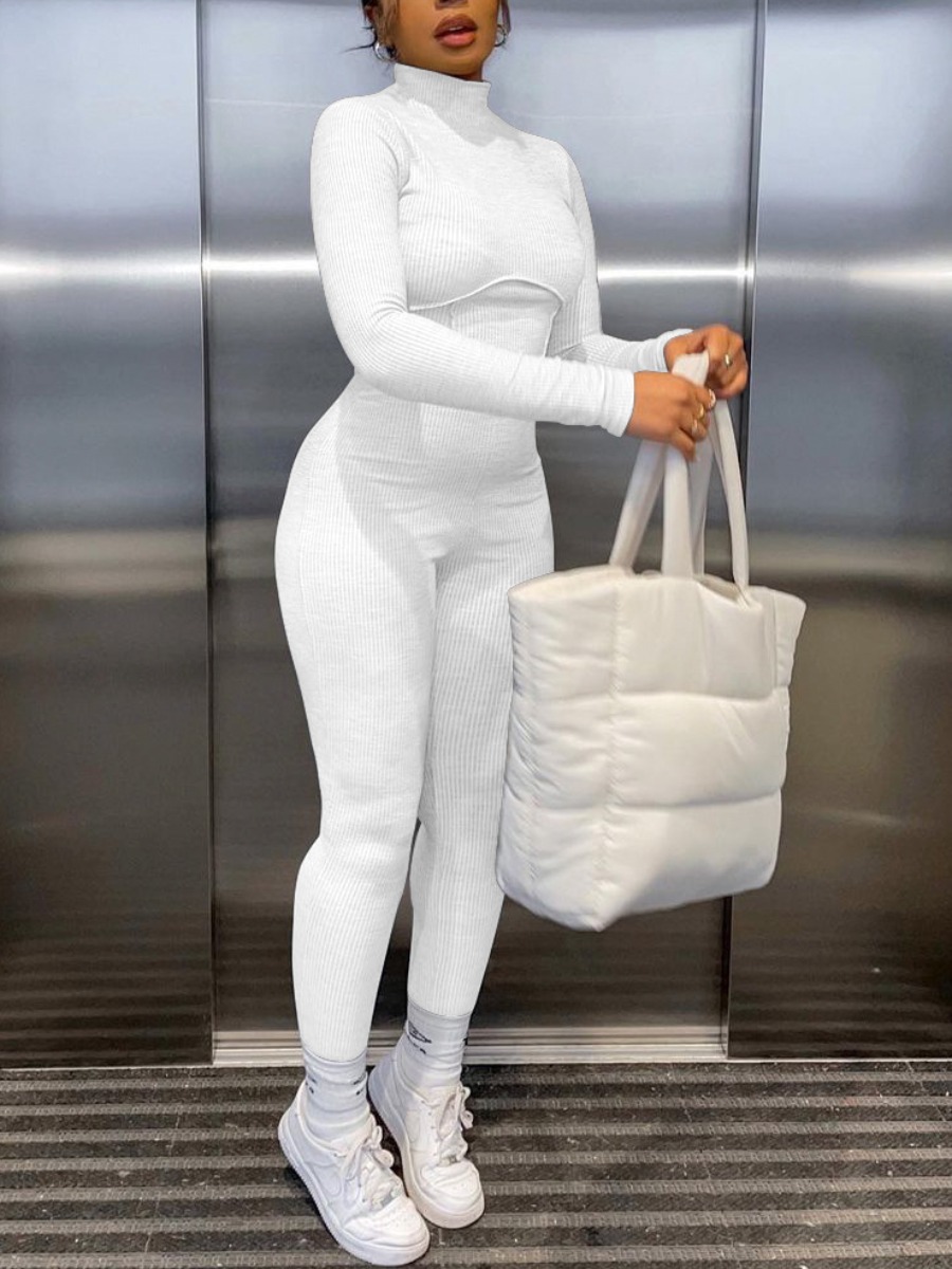 

LW Half A Turtleneck Rib-Knit Jumpsuit, White