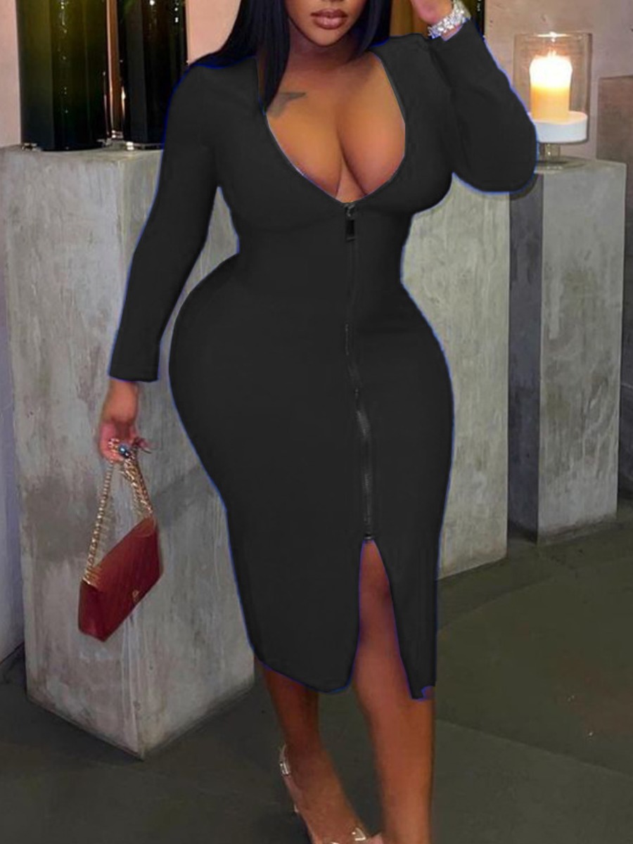 LW SXY Plus Size Zipper Design Split Solid Bodycon