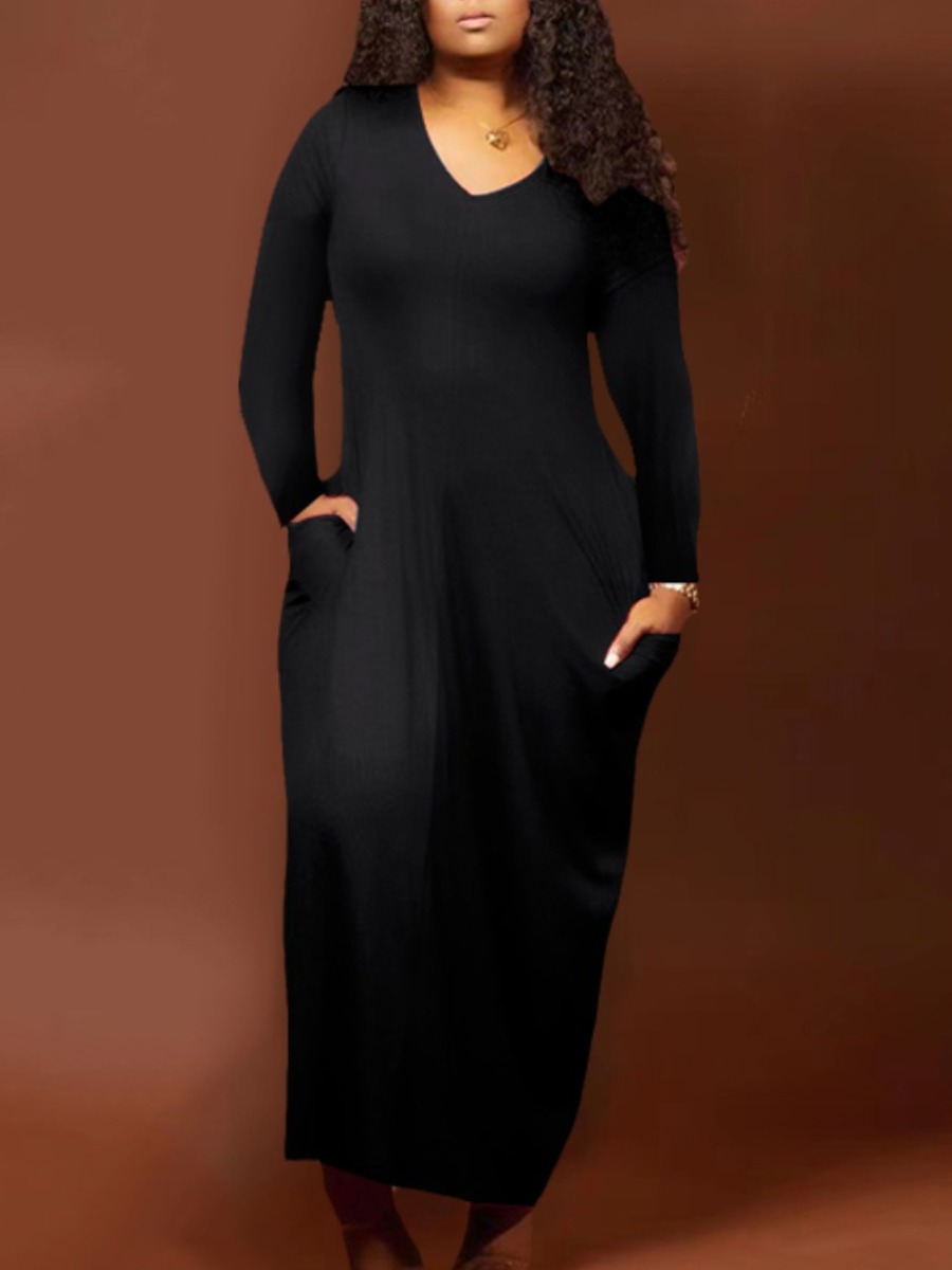 

LW BASICS Plus Size V Neck Pocket Design Dress, Black