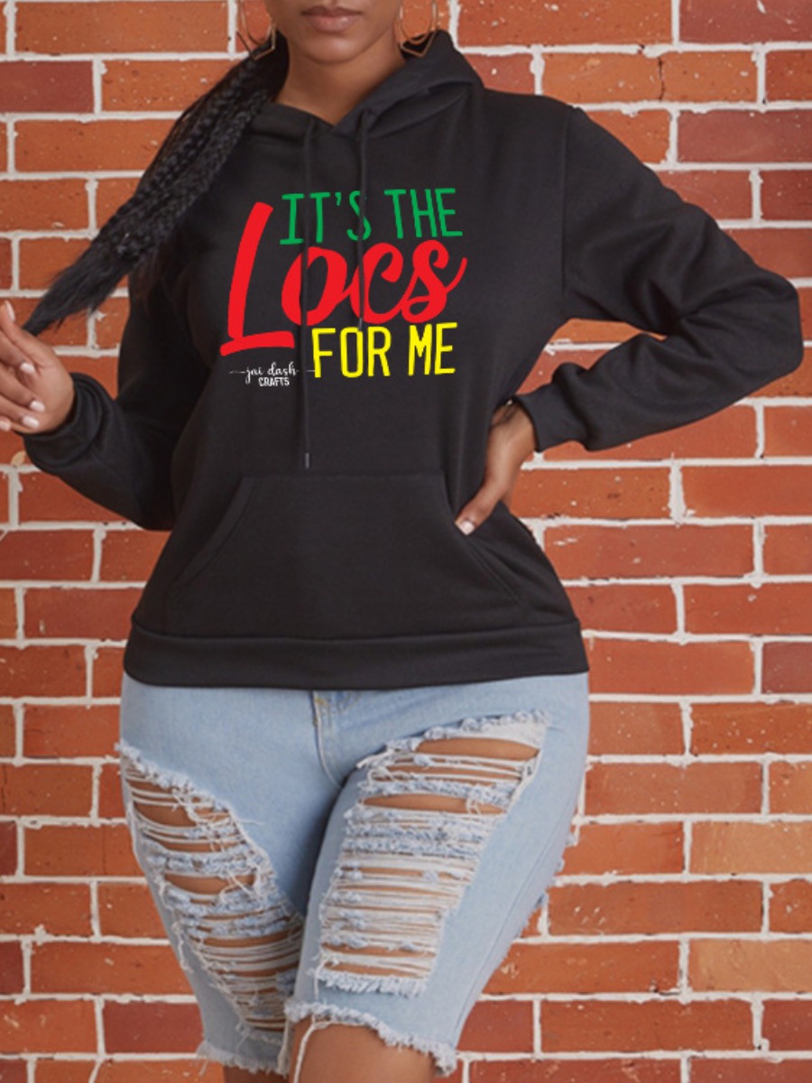 

LW Letter Print Kangaroo Pocket Hoodie, Black
