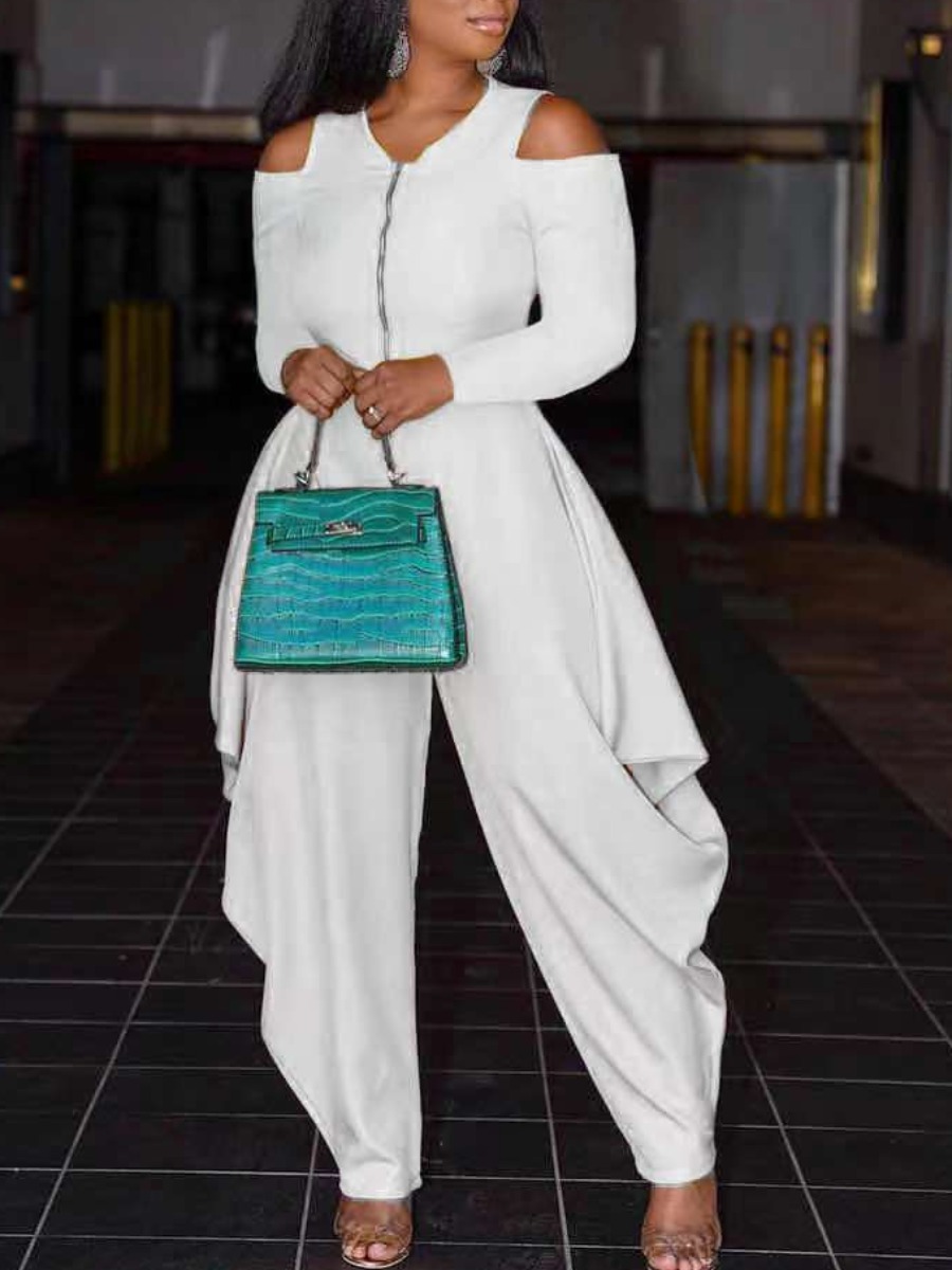 

LW Cold Shoulder Zipper Design Loose Jumpsuit, White