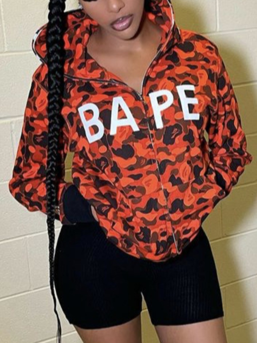 

LW Pocket Design Camo Print Hoodie Outerwear, Orange camouflage