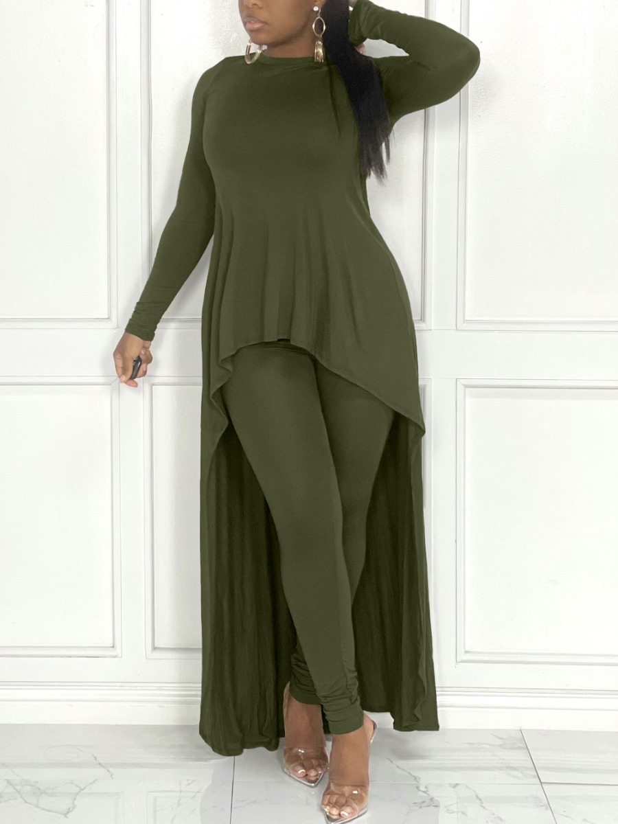 

LW High Split Ruffle Design Asymmetrical Pants Set, Army green