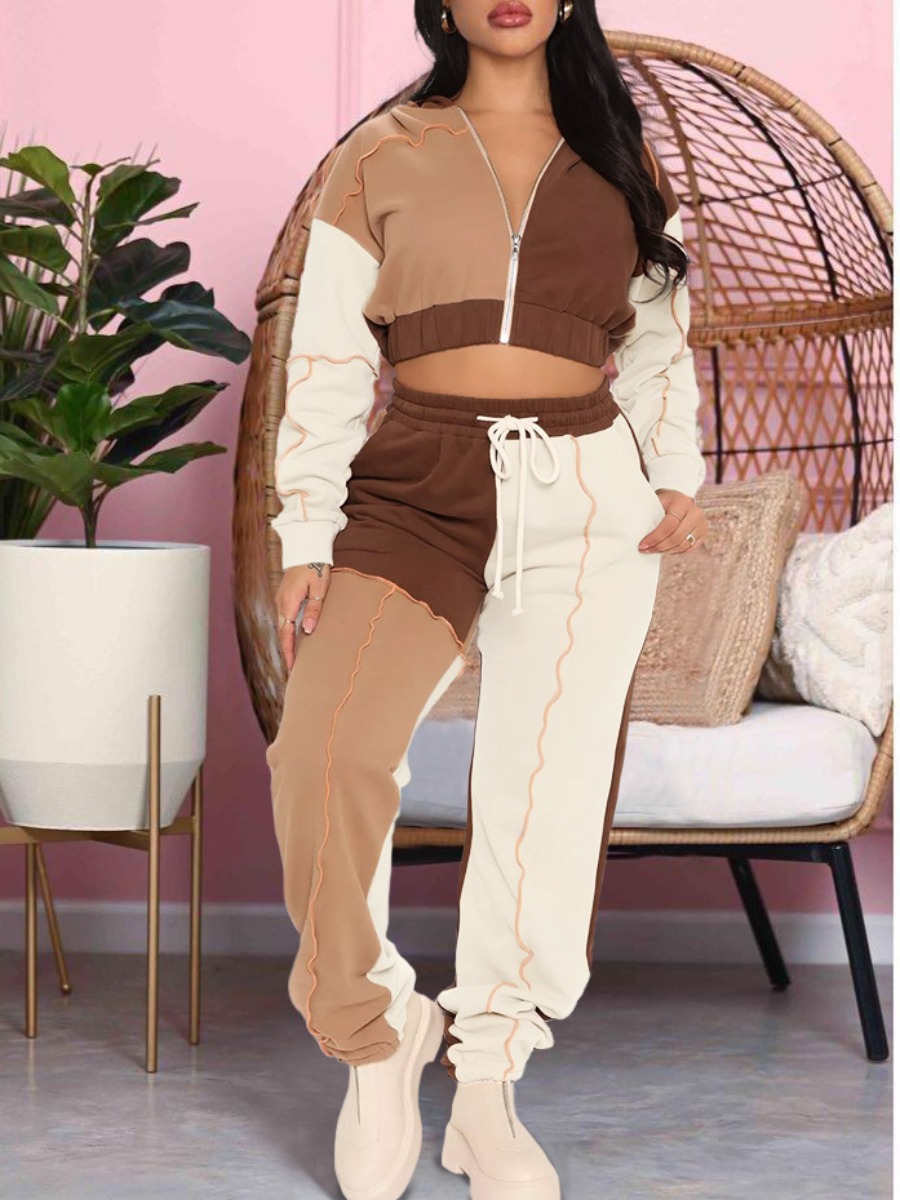 

LW Velvet Zipper Design Patchwork Tracksuit Set, Khaki