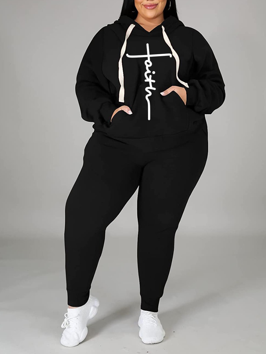 

LW Plus Size Faith Letter Print Drawstring Tracksuit Set, Black