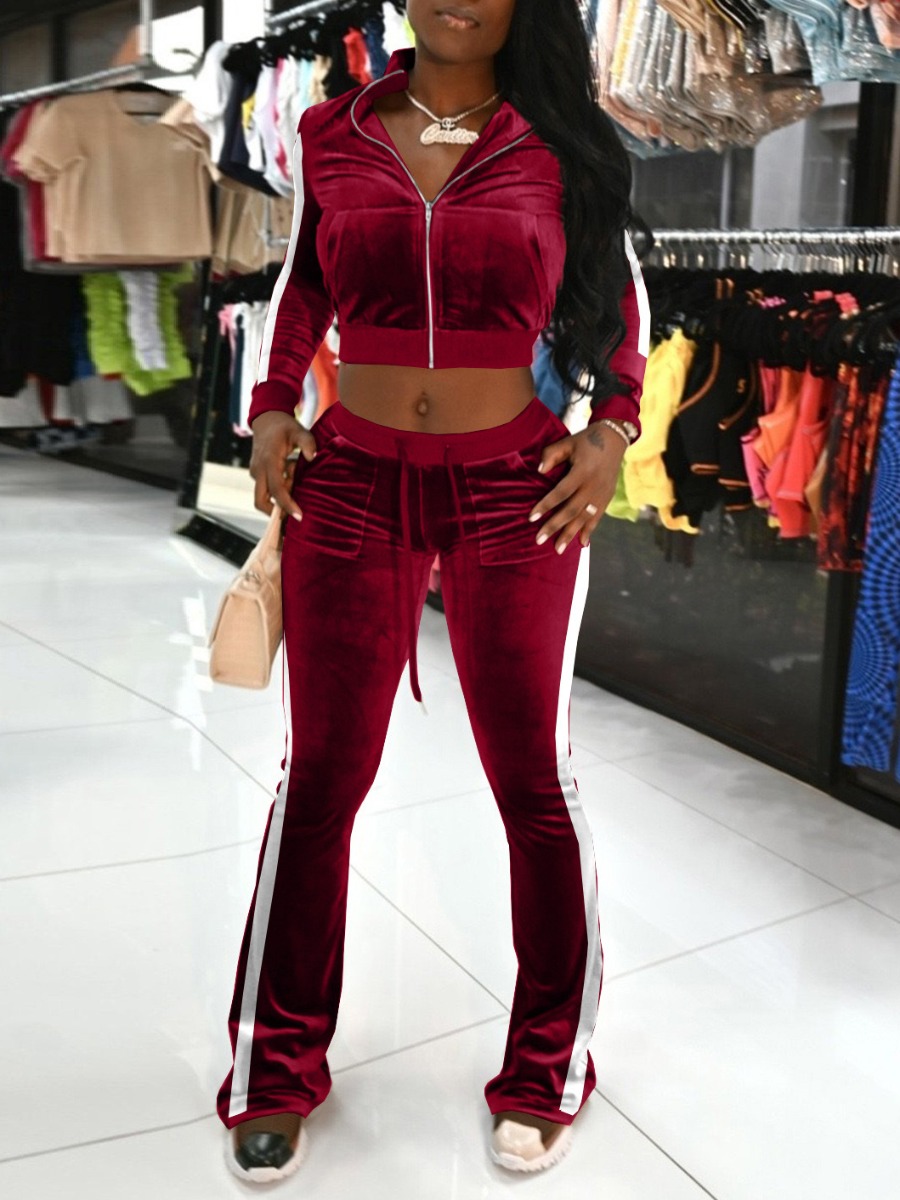 

LW Velvet Zip Up Striped Crop Pants Set, Red
