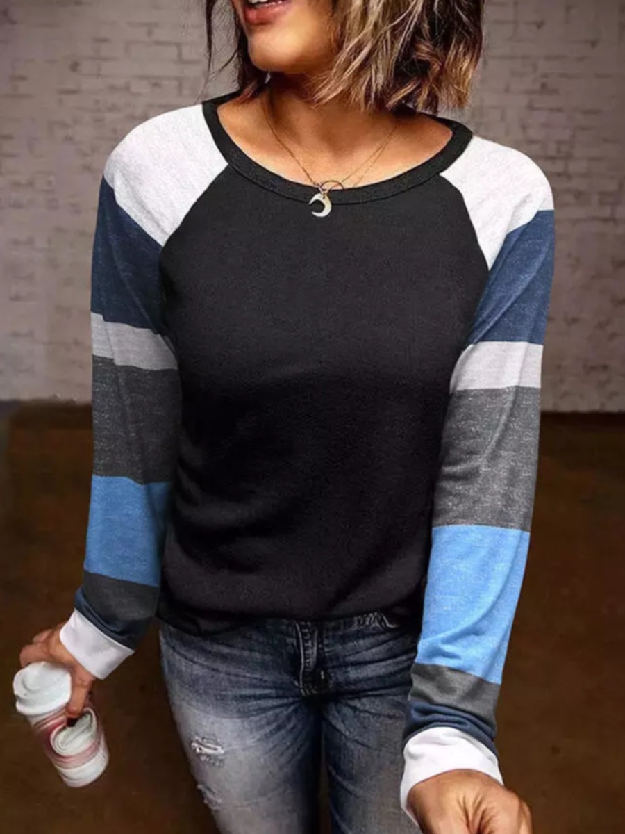 

LW Striped Patchwork Pullover T-shirt, Black