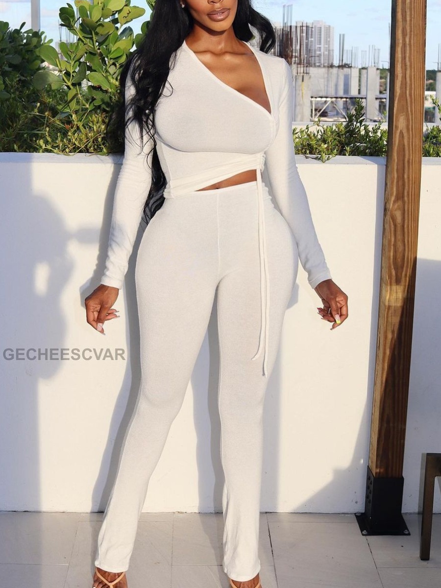 

LW SXY Drawstring High Low Ruched Pants Set, White