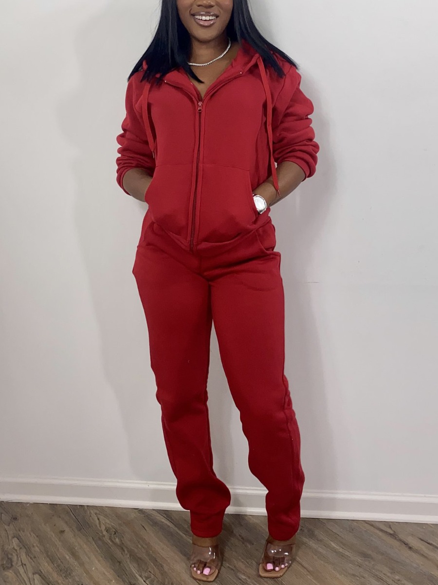 

LW Hooded Collar Kangaroo Pocket Tracksuit Set, Red