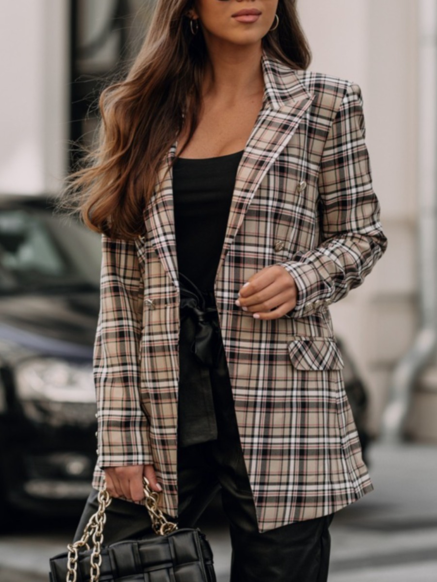 

LW Button Decor Plaid Loose Blazer, Brown