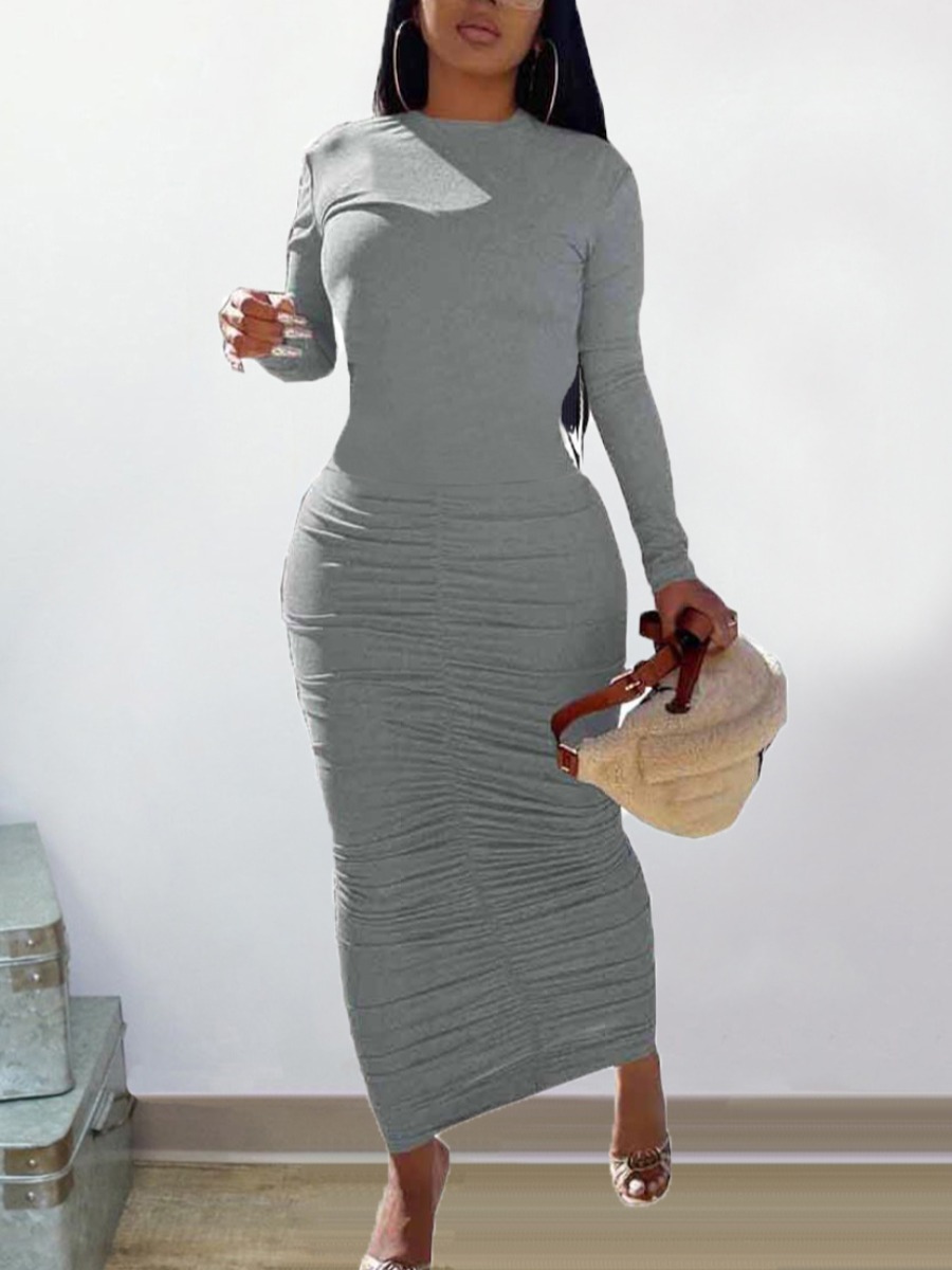 

LW Ruched Basic Solid Bodycon Dress, Grey