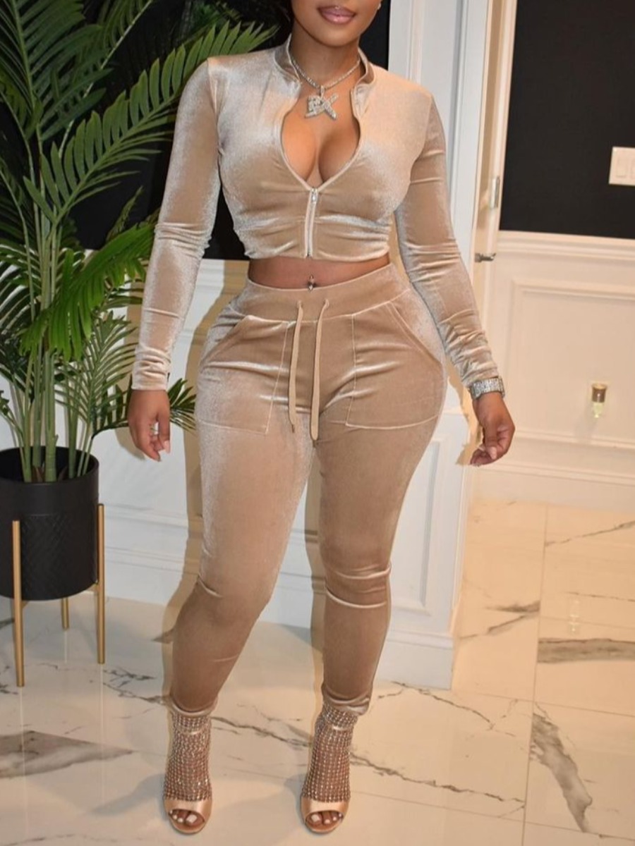 

LW Velvet Crop Top Drawstring Tracksuit Set, Khaki