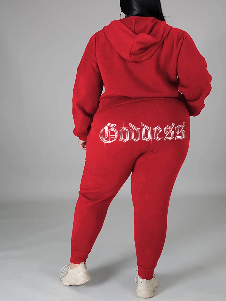 

LW Plus Size Letter Print Kangaroo Pocket Tracksuit Set, Red