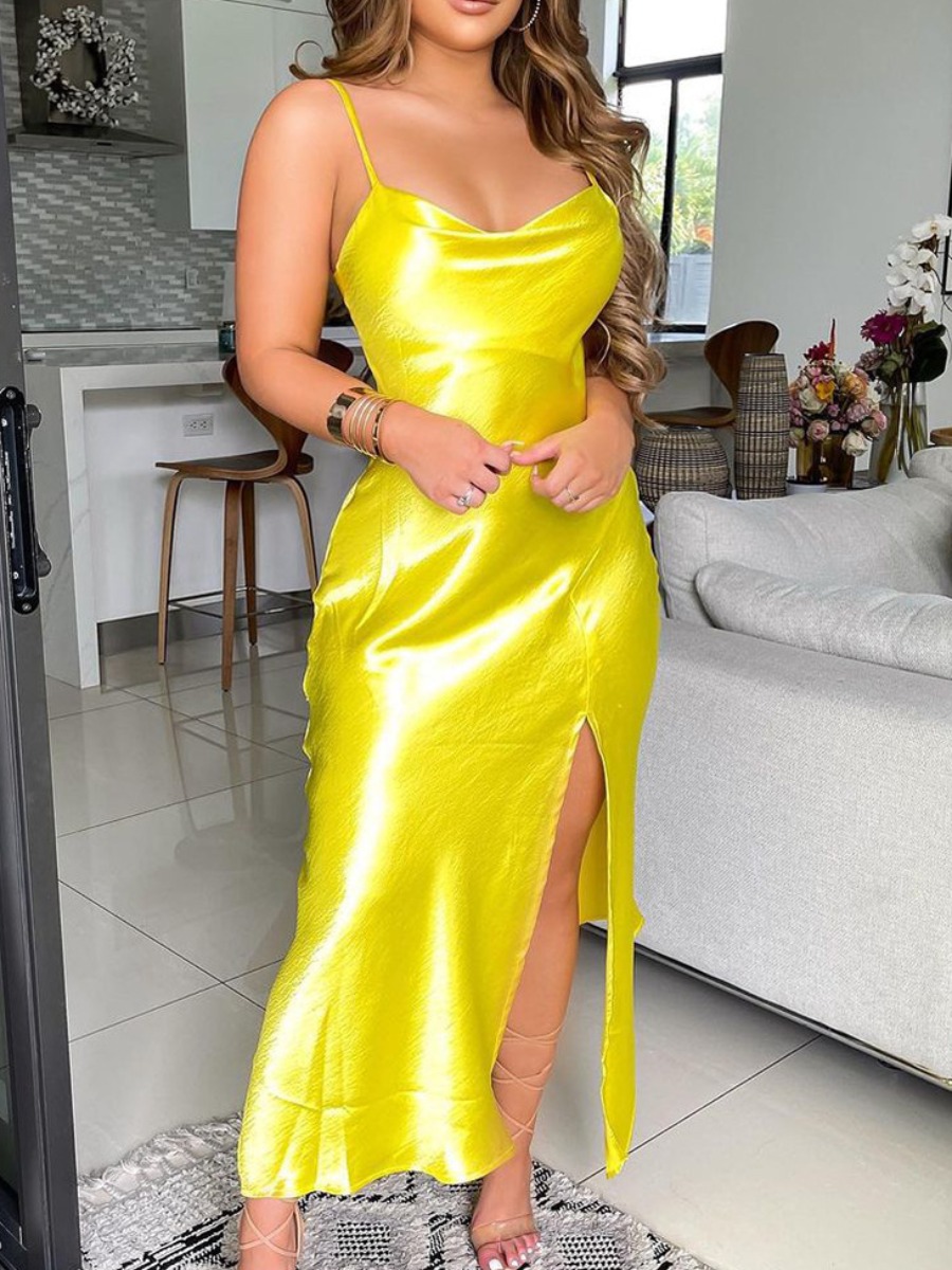 

LW SXY Bright Silk Satin Split Solid Prom Dress, Yellow