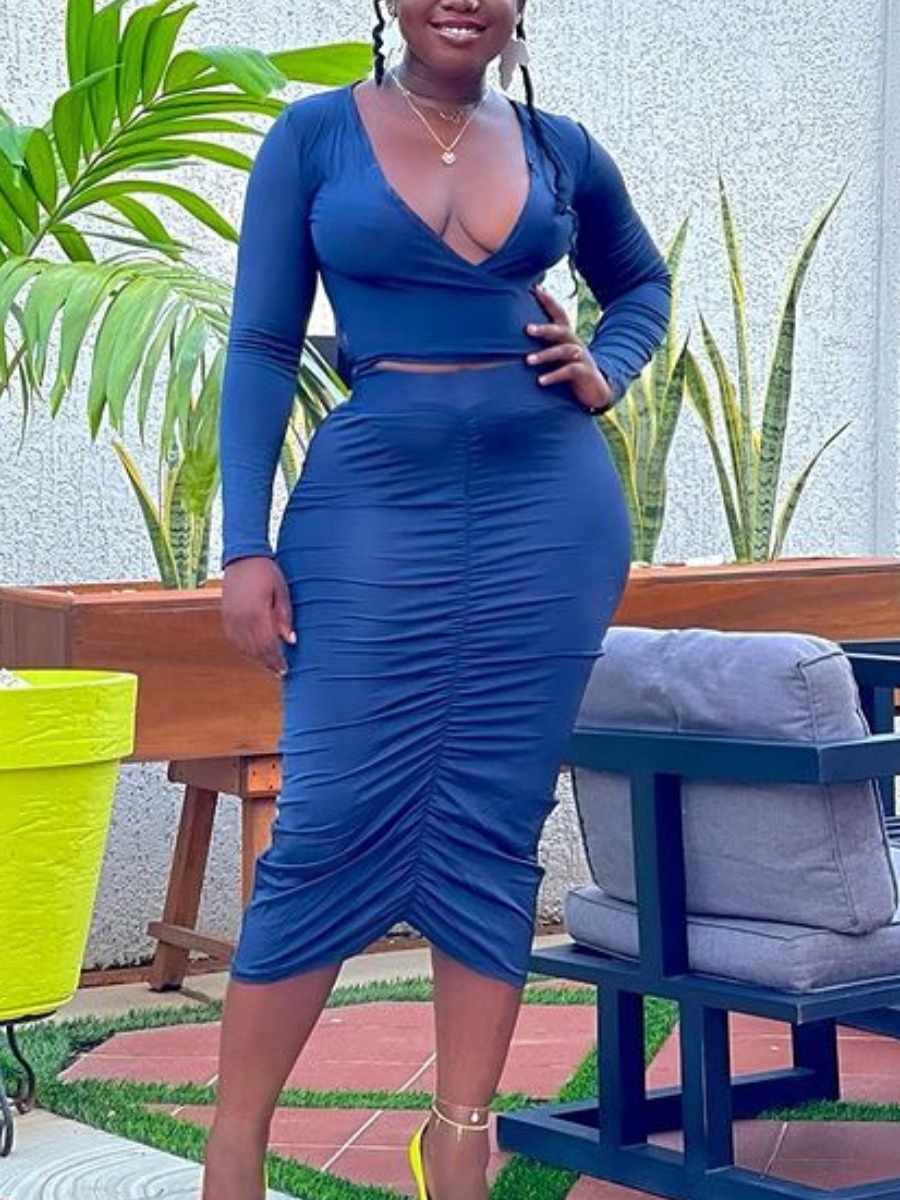 

LW Plus Size Ruched Solid Skirt Set, Blue