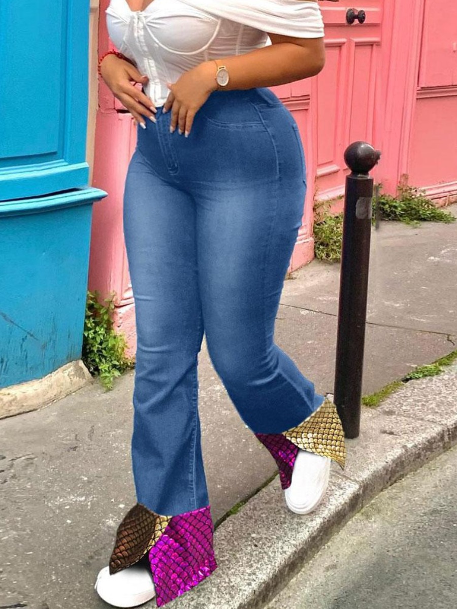 

LW Sequin Flare Patchwork Jeans, Blue