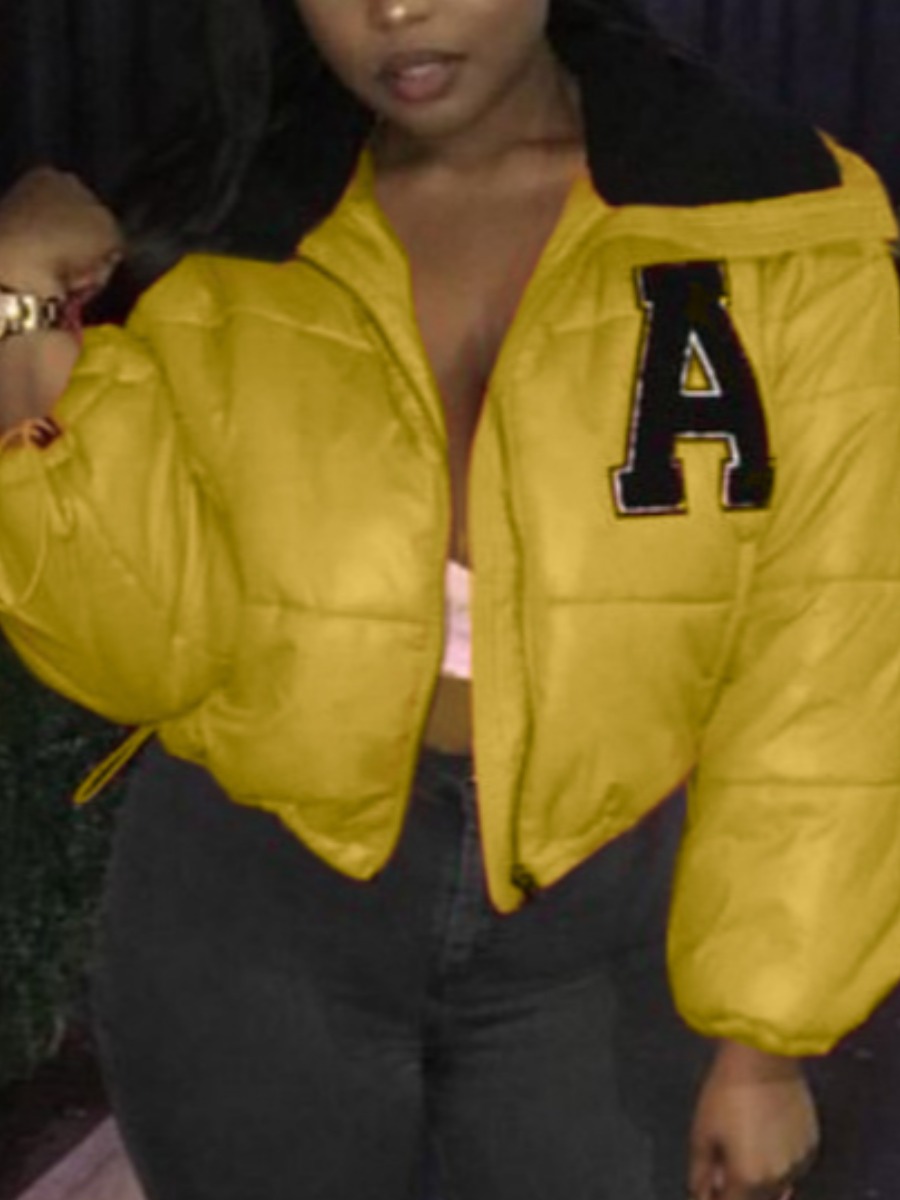 

LW Letter Print Zipper Design Puffer Jacket, Yellow