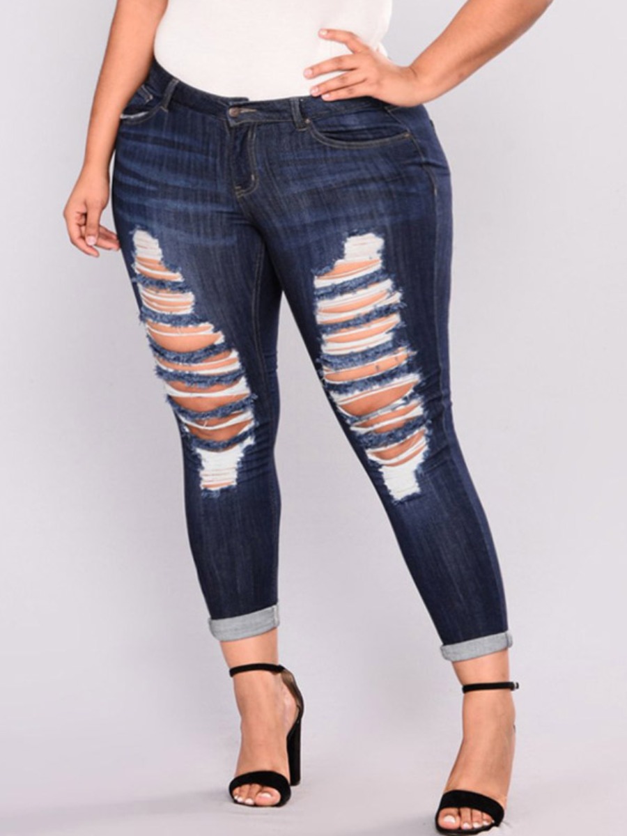 

LW Plus Size Mid Waist Ripped Jeans, Deep blue