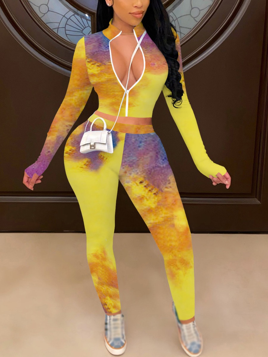 

LW SXY Tie Dye Zip Up Pants Set, Yellow