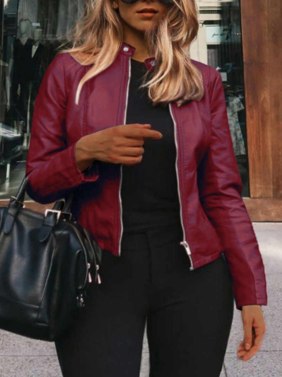 

LW Plus Size Zipper Design Leather Jacket, Wine red