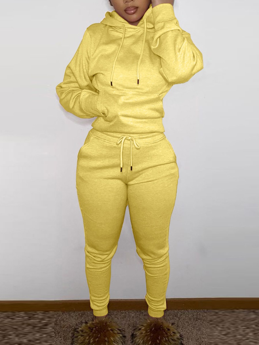 

LW BASICS Hooded Collar Drawstring Tracksuit Set, Yellow
