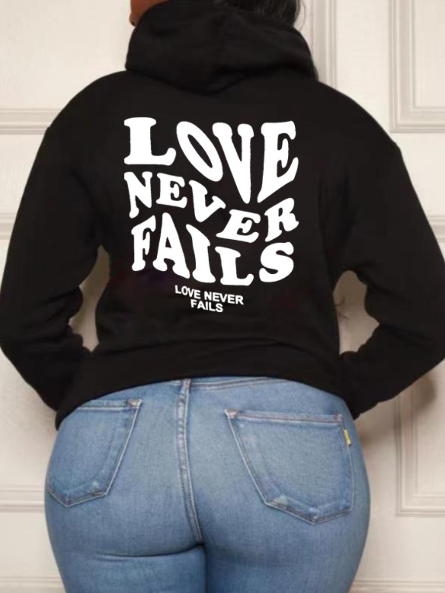 

LW Plus Size Letter Print Kangaroo Pocket Hoodie, Black