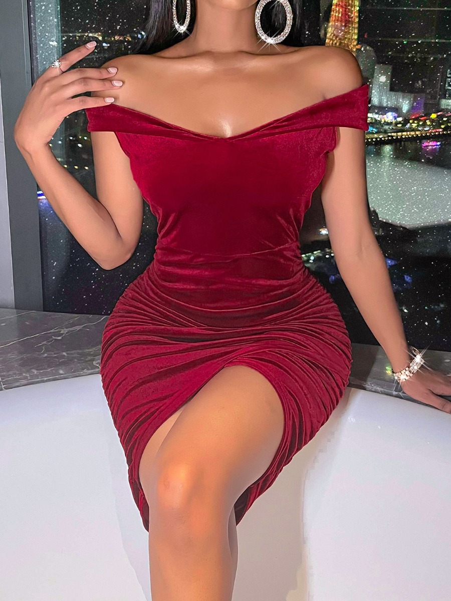 

LW SXY Drop Shoulder High Low Prom Dress, Wine red