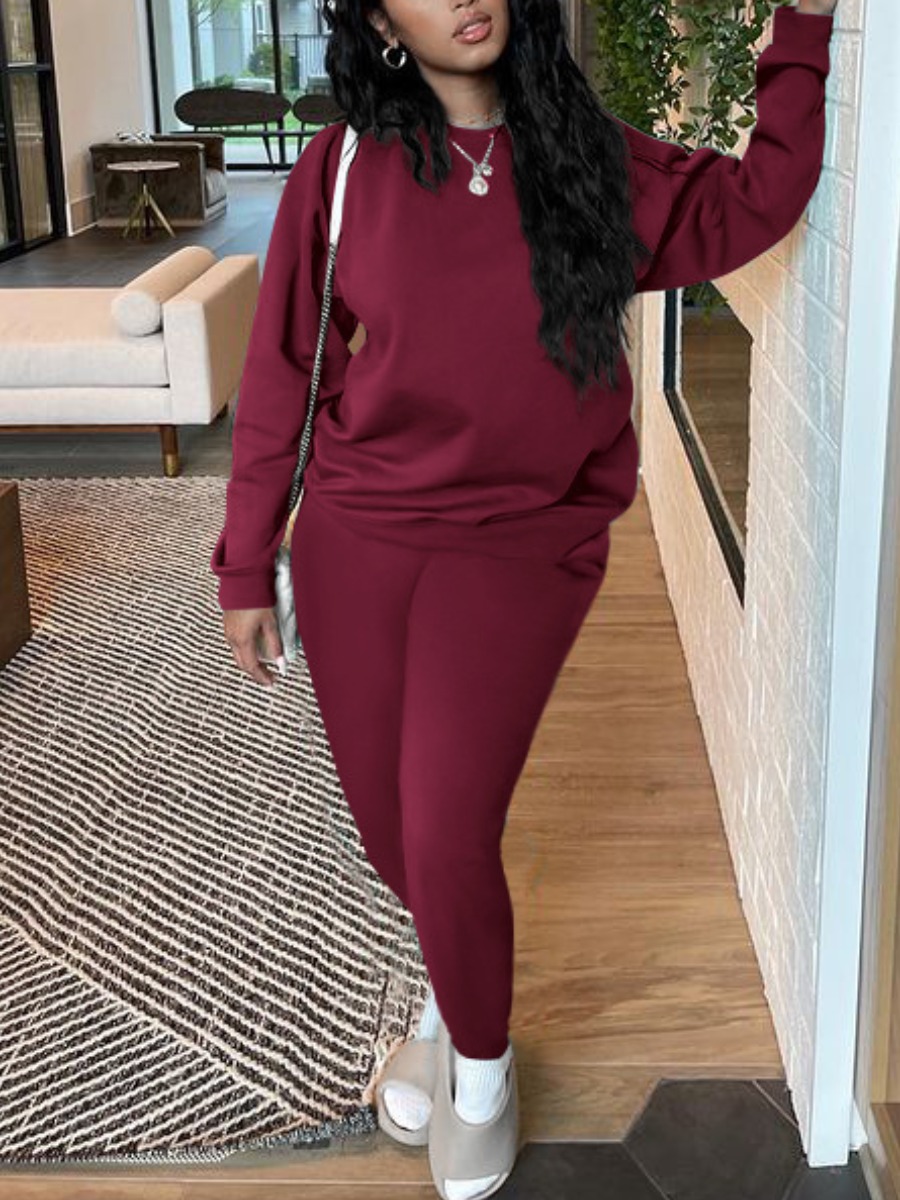 

LW BASICS Round Neck Pocket Design Tracksuit Set, Wine red
