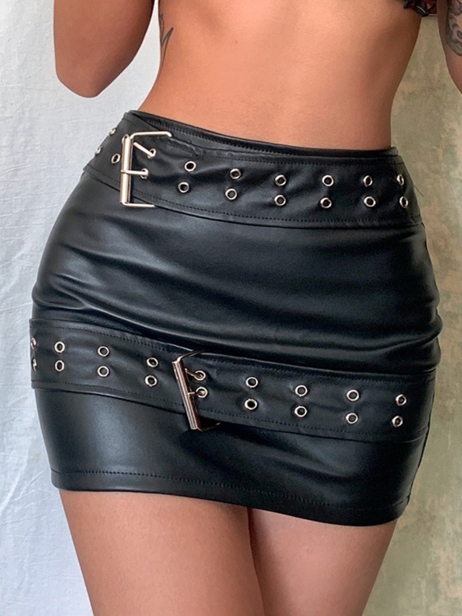 

LW Leather Mid Waist Metal Decor Skinny Skirts, Black