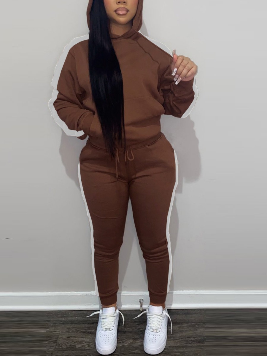 

LW Striped Drawstring Tracksuit Set, Brown