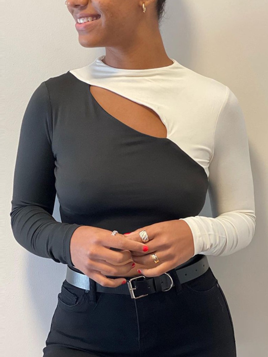 LW SXY Patchwork Cut Out Solid Skinny T-shirt