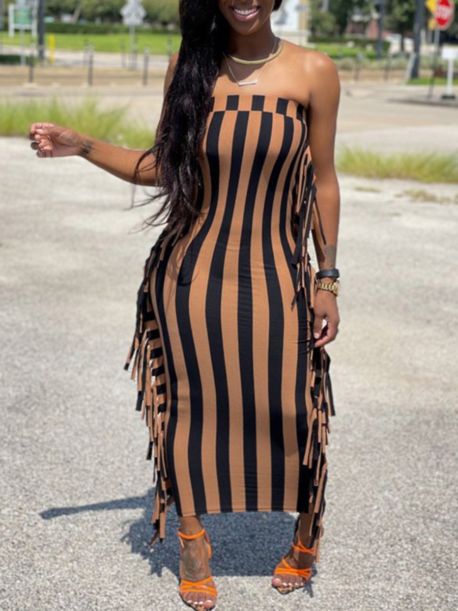 

LW SXY Tassel Design Striped Bodycon Dress, Brown