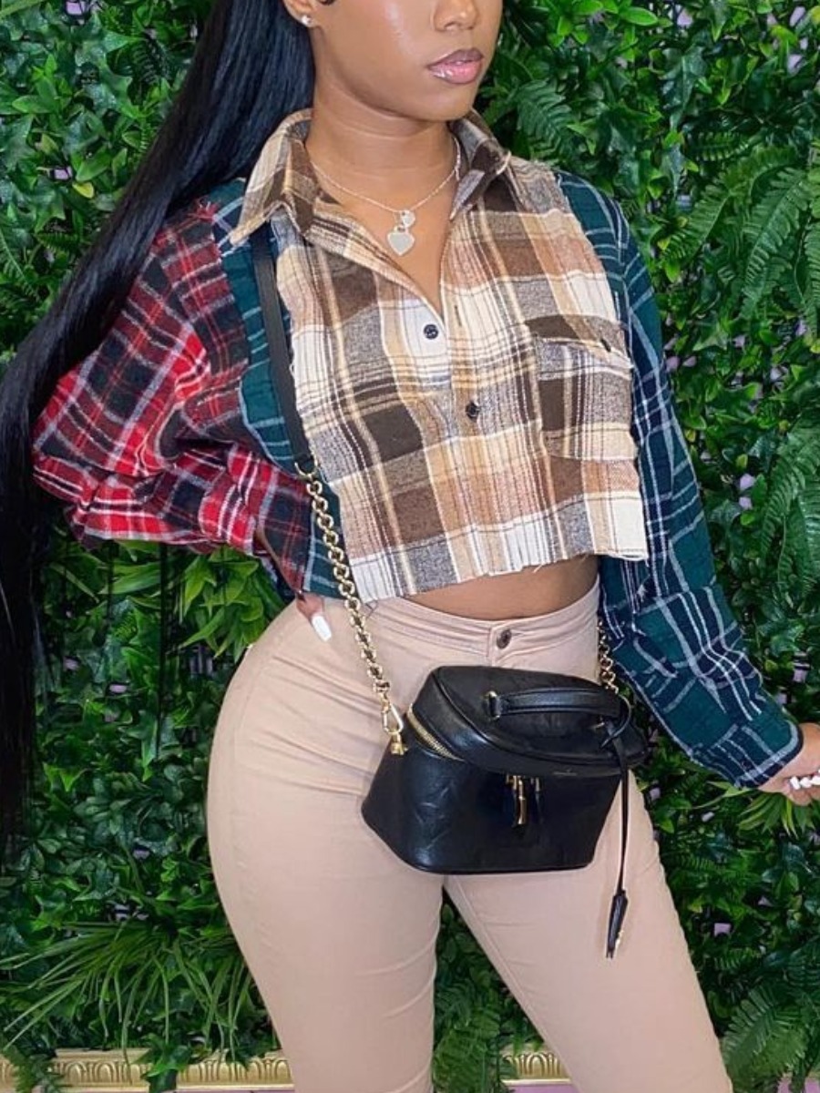 

LW Patchwork Crop Plaid Shirt, Khaki