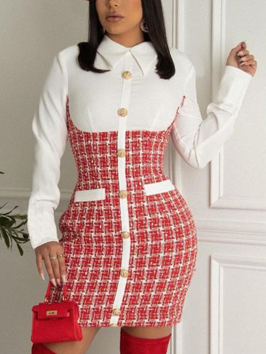 

LW Button Design Patchwork Shirt Dress, Red