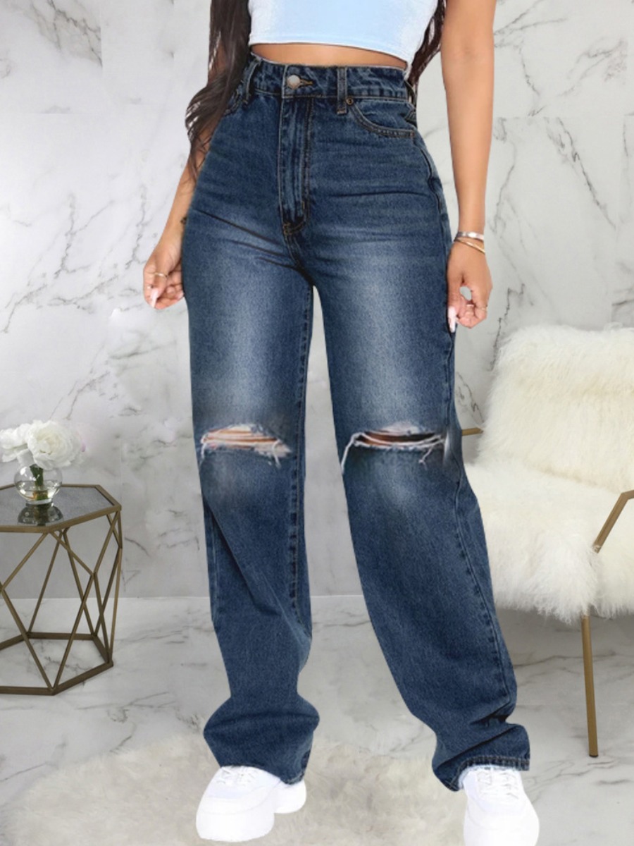 

LW High Rise Ripped Solid Jeans, Deep blue