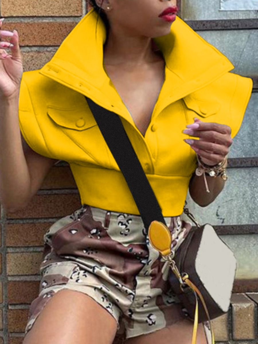 

LW Button Design Solid Jacket, Yellow