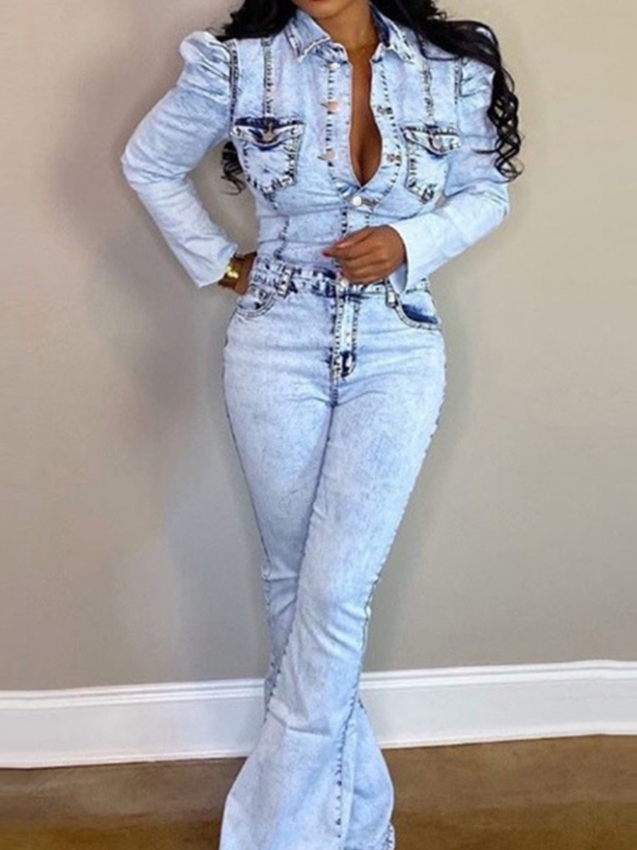 

LW Puff Sleeve Flared Denim Jumpsuit, Baby blue