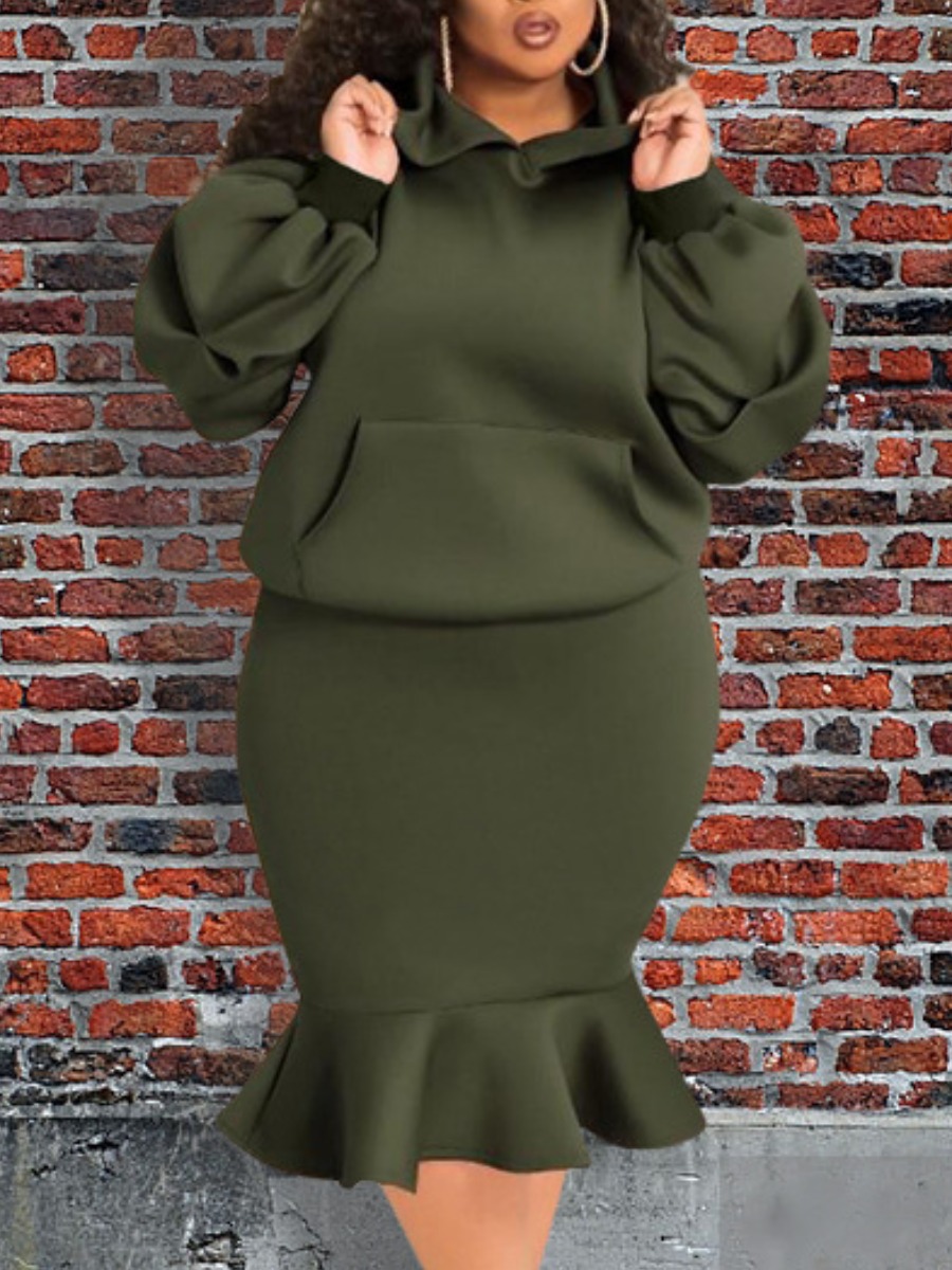 

LW Plus Size Hooded Collar Trumpet Skirt Set, Army green