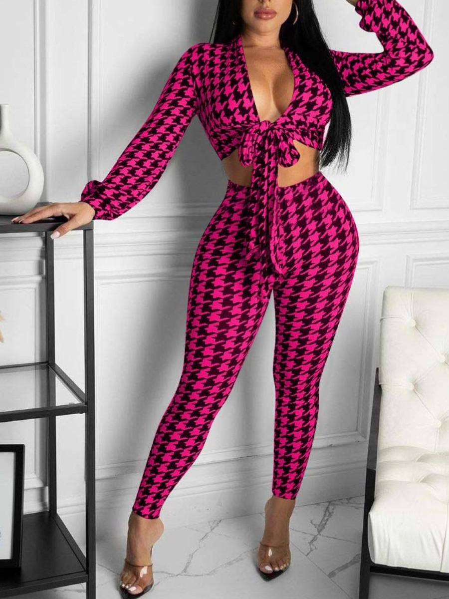 

LW SXY Houndstooth Bandage Crop Top Pants Set, Rose red