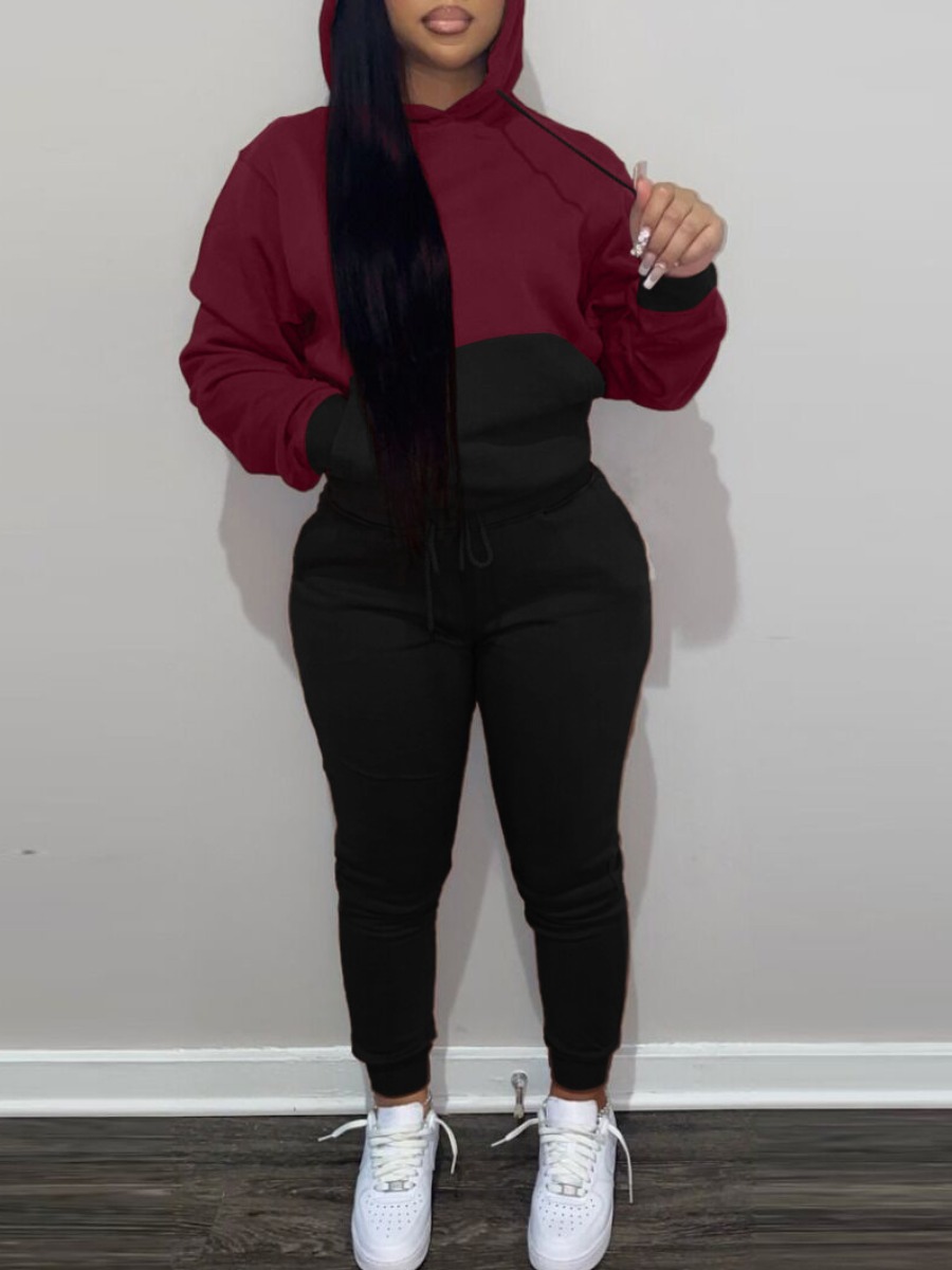 

LW Plus Size Drawstring Patchwork Tracksuit Set, Wine red