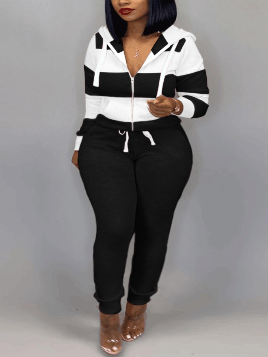 

LW Plus Size Pocket Design Striped Sweat Tracksuit Set, Black