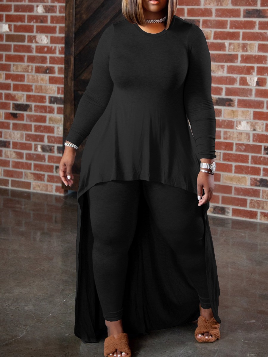 

LW Plus Size Cotton Ruffle Design Asymmetrical Pants Set, Black