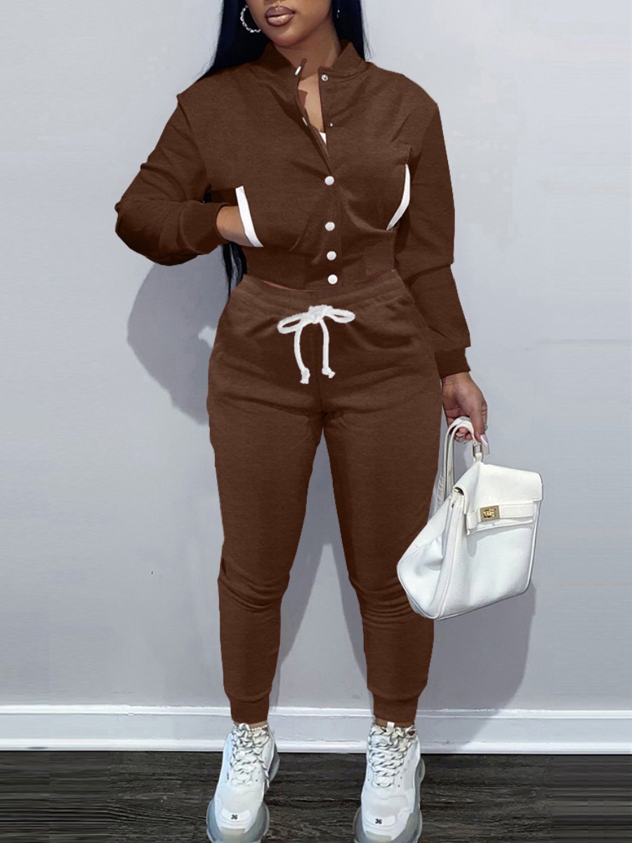

LW Pocket Design Drawstring Tracksuit Set, Coffee