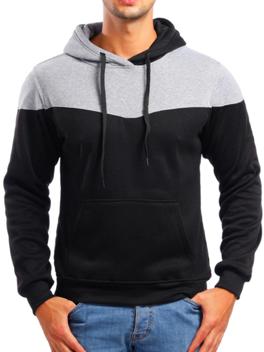 

LW BASICS Men Hooded Collar Patchwork Hoodie, Black
