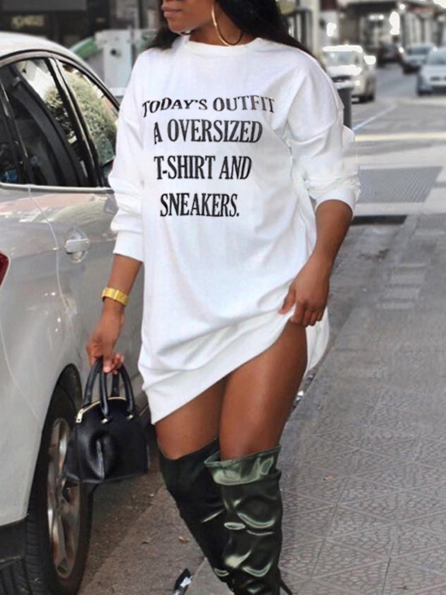 

LW Round Neck Letter Print Sweat Dress, White